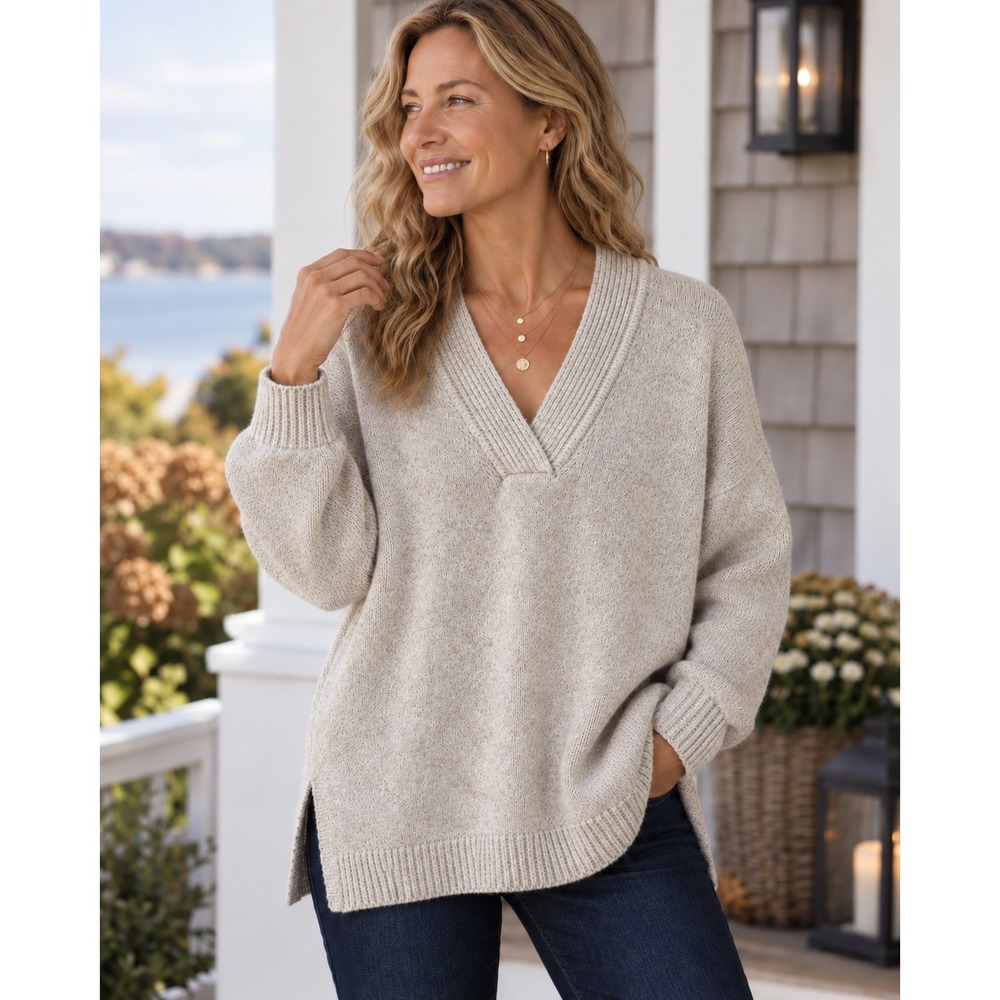 J Jill Sweater Womens Medium Oatmeal V Neck Pullover Speckled Knit Cotton Blend